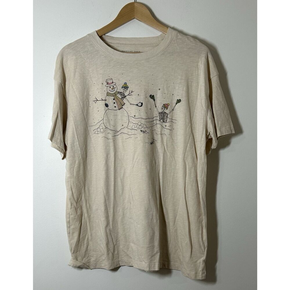 American Eagle Men's Snowman Skeletons 100% Cotton Short Sleeve Shirt Beige XS/S